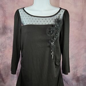 🔹️WHBM Black Beaded Rosette 3/4 Sleeve Top Medium